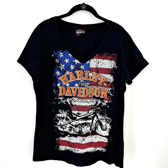 Harley Davidson Motorcycle American Flag Bling V-Neck T-shirt LG Laconia NH - Picture 1 of 4